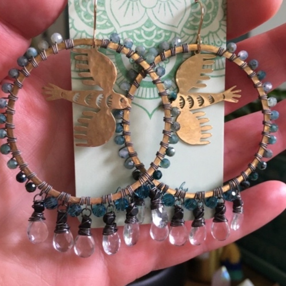 Hoop Earrings Aquamarine & Chrysocolla Brass Bird 🧿 🕊️ - Picture 2 of 8